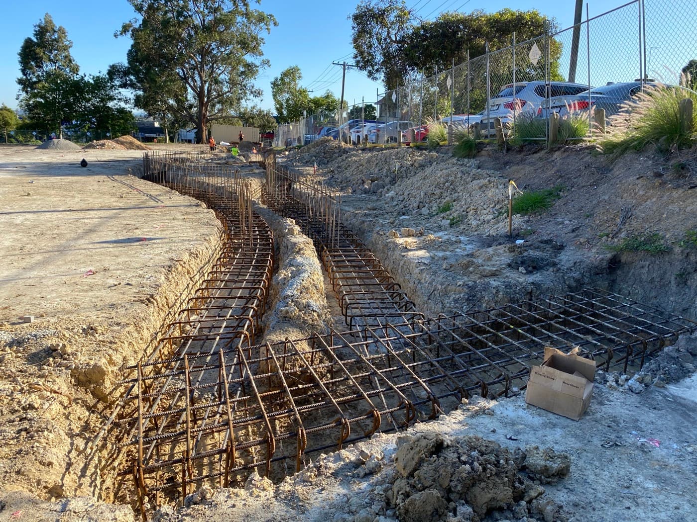 Curved retaining wall footing reinforcement set out ready for the pour at Balwyn Park